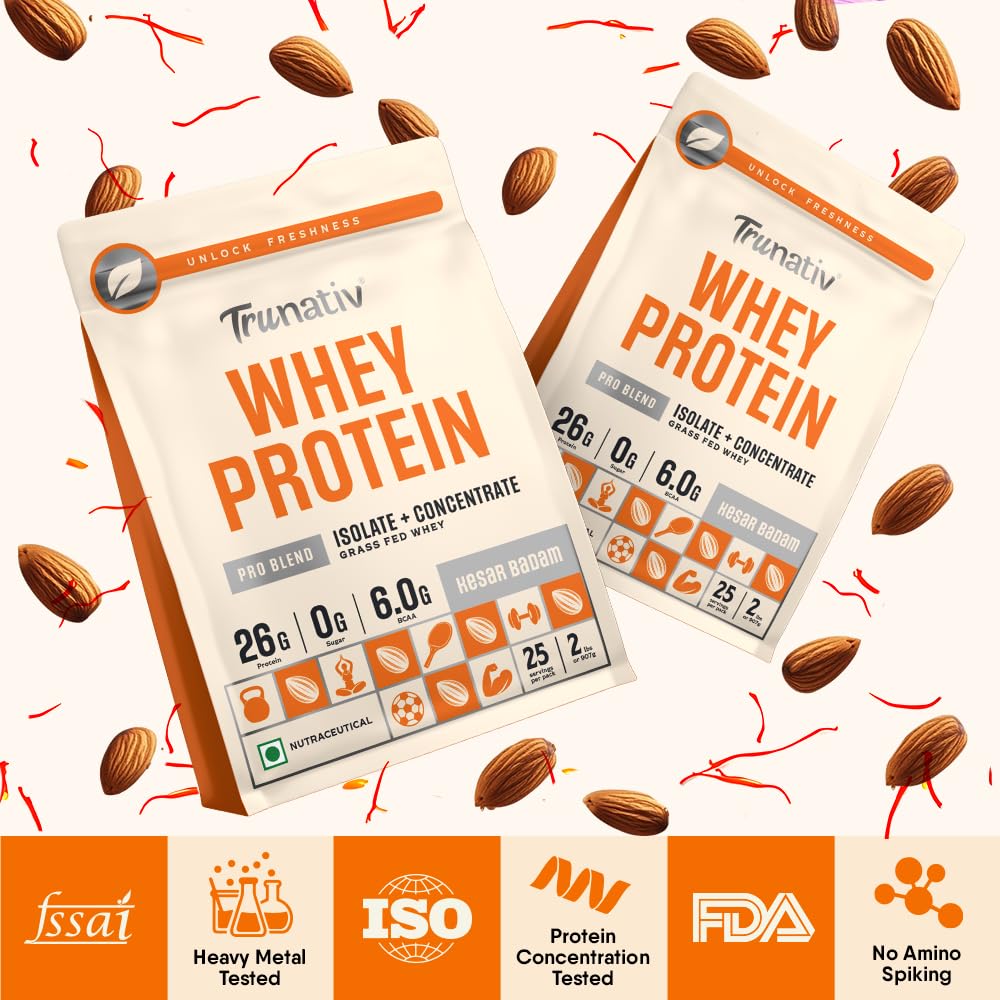 Trunativ Pro Blend Whey Protein Powder Isolate & Concentrate | 100% Light & Clean Protein Powder | 26g Protein | 6g BCAA | 12.52g EAA | No added sugar | Kesar Badam 2lbs (907g).