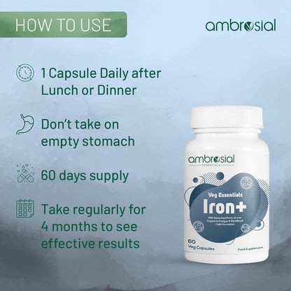 Ambrosial Iron Tablets High Strength 25mg| Iron Supplement for Women & Men| Blood Support & Helps Reduce Tiredness & Fatigue | Enhanced Absorption & Non - Constipating (Pack of 1-60 Capsules)