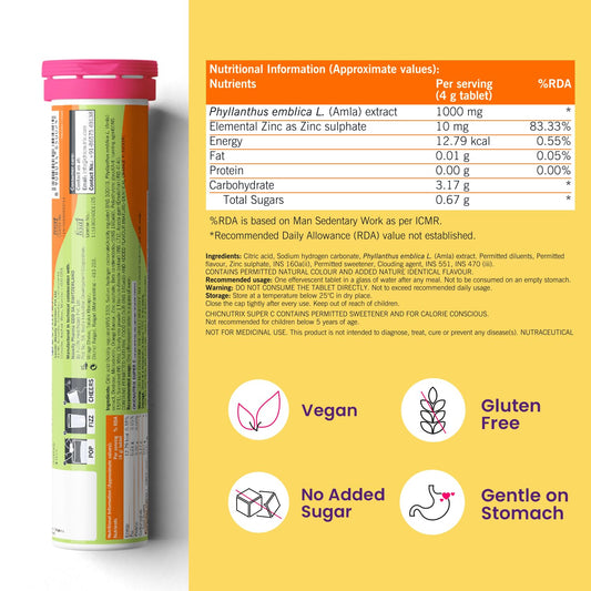 Chicnutrix Super C - Natural Vitamin C & Zinc for Clear & Acne Free Skin | 1000mg Amla Extracts|For Women & All skin types| Orange Flavour | 20 Effervescent Tablets