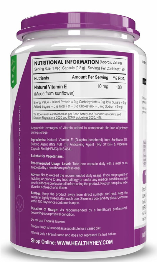 HealthyHey Vitamin E Capsules | Vitamin E for Skin & Hair | Sunflower - D-Alpha-Tocpherol -120 Veg Capsules