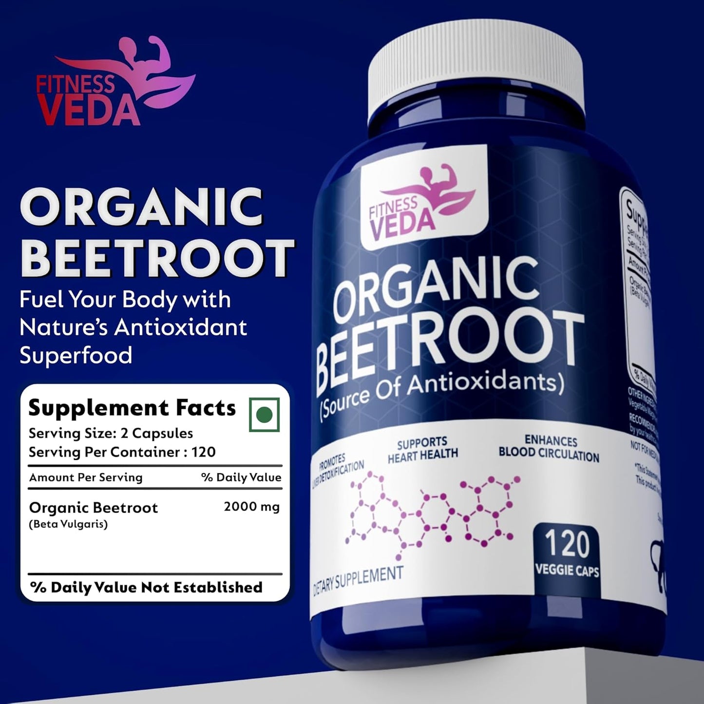 Fitness Veda Organic Beetroot Capsules â€“ 120 Veg Capsules - Heart Health, Blood Pressure & Endurance Support â€“ Rich Antioxidant Capsule - Natural Superfood Supplement â€“ Non-GMO, Gluten-Free