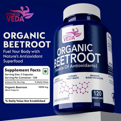 Fitness Veda Organic Beetroot Capsules â€“ 120 Veg Capsules - Heart Health, Blood Pressure & Endurance Support â€“ Rich Antioxidant Capsule - Natural Superfood Supplement â€“ Non-GMO, Gluten-Free