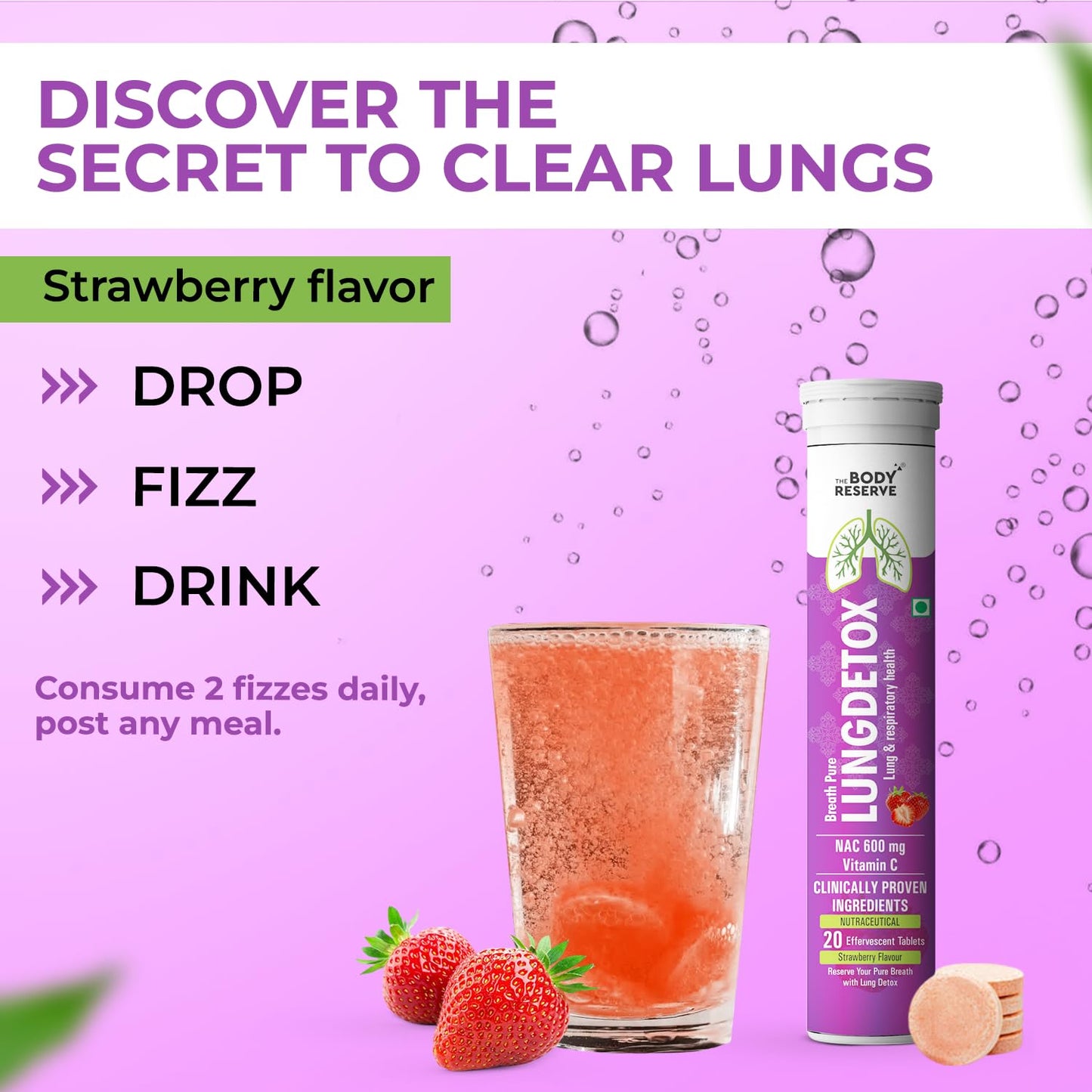 The Body Reserve Lung Detox 20 Effervescent Tablets With N-Acetylcysteine 600mg and Vitamin C | Cleaner Lungs Detoxification and Immune Defence Strawberry Flavour (Pack Of 1)