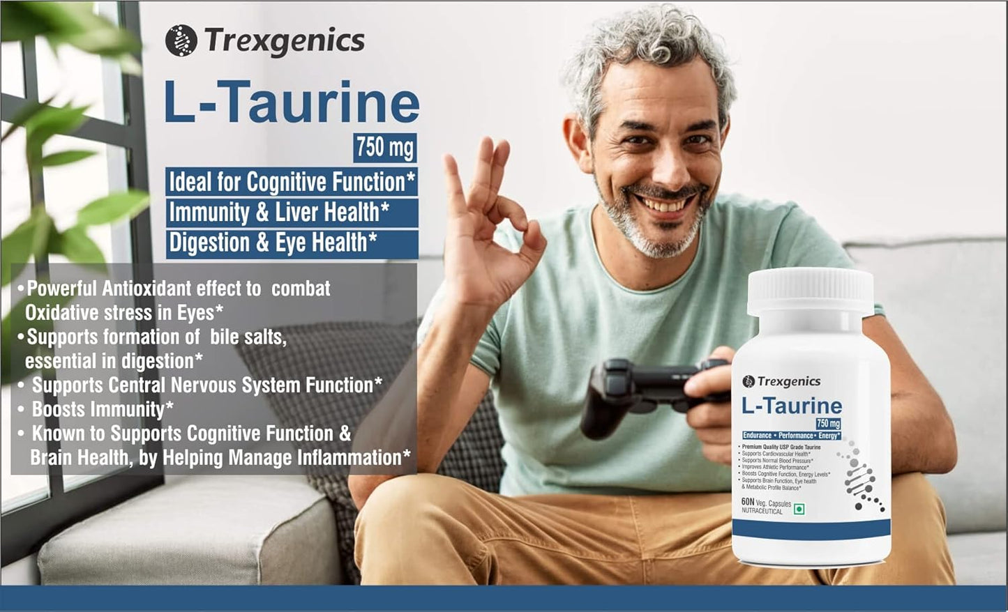 Trexgenics L-TAURINE 750 mg Nervous System, Energy, Heart, Cardiovascular system, Brain, Eye Health Support (60 Vcaps) (Pack of 1)