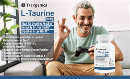 Trexgenics L-TAURINE 750 mg Nervous System, Energy, Heart, Cardiovascular system, Brain, Eye Health Support (60 Vcaps) (Pack of 1)