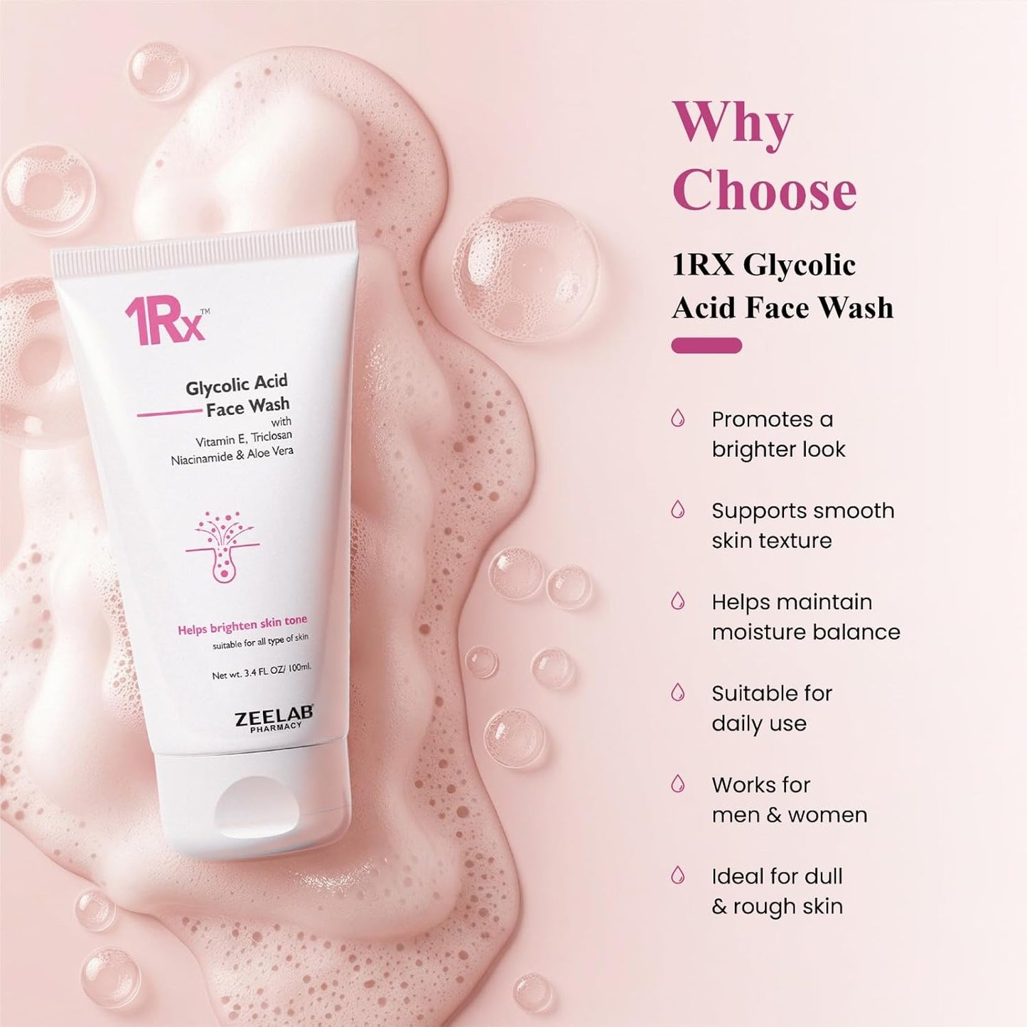 Zeelab 1RX Glycolic Acid Face Wash 100gm | Exfoliating & Brightening Cleanser | With Aloe Vera, Niacinamide & Vitamin E | Removes Dead Skin, Controls Oil & Helps Improve Skin Texture | For Men & Women