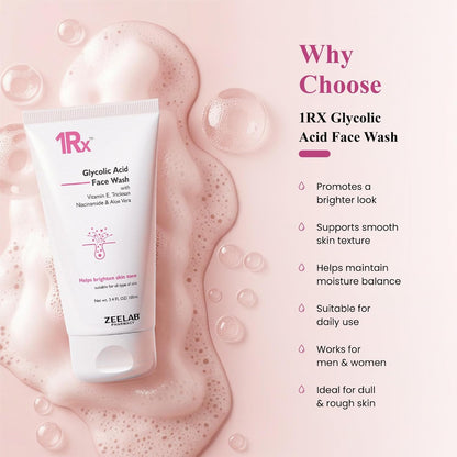 Zeelab 1RX Glycolic Acid Face Wash 100gm | Exfoliating & Brightening Cleanser | With Aloe Vera, Niacinamide & Vitamin E | Removes Dead Skin, Controls Oil & Helps Improve Skin Texture | For Men & Women