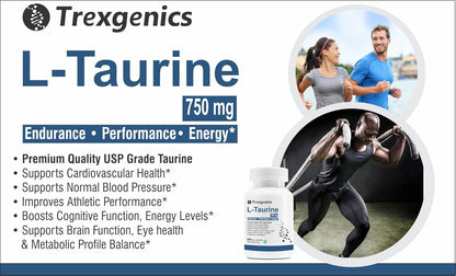 Trexgenics L-TAURINE 750 mg Nervous System, Energy, Heart, Cardiovascular system, Brain, Eye Health Support (60 Vcaps) (Pack of 1)