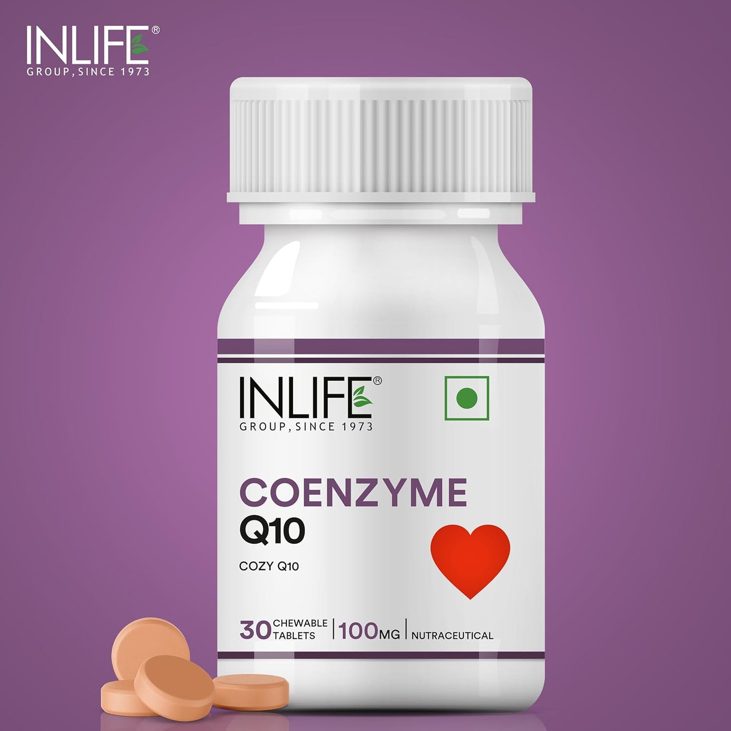 INLIFE Coenzyme Q10 100mg | CoQ10 Ubiquinone Supplement for Energy Management | Antioxidant for Men and Women - 30 Chewable Tablets (Pack of 1)