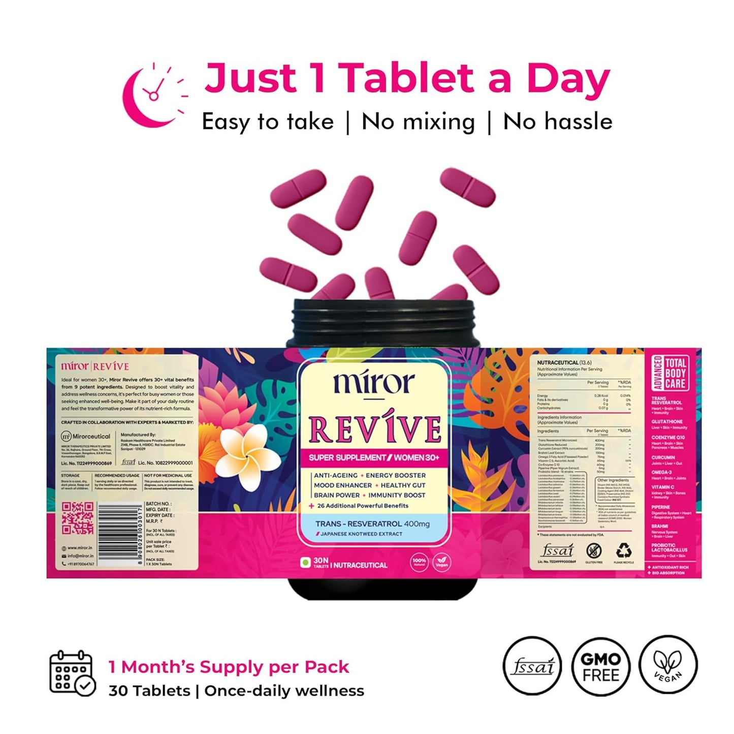 Miror Revive Anti-Aging & Womenâ€™s Daily Wellness Supplement with Resveratrol, Glutathione, Curcumin, Probiotics & CoQ10, Energy, Skin Glow, Gut Health & Immunity Support, Non-GMO, (30 Days Pack)