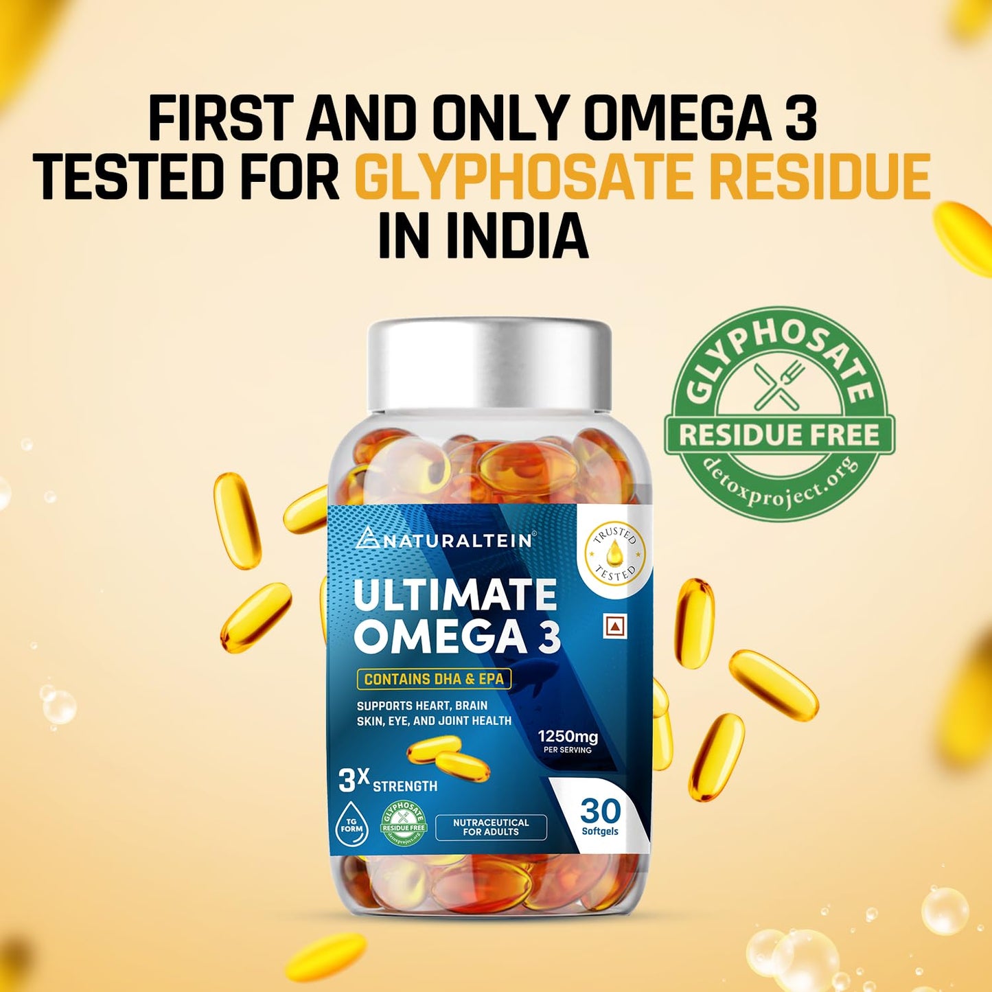 NATURALTEIN Omega-3 Fish Oil 1250mg Triple Strength Softgels | 450mg EPA & 300mg DHA in Triglyceride Form for Better Absorption | Heart, Brain, Eye & Joint Support | Glyphosate-Free | 30 Capsules