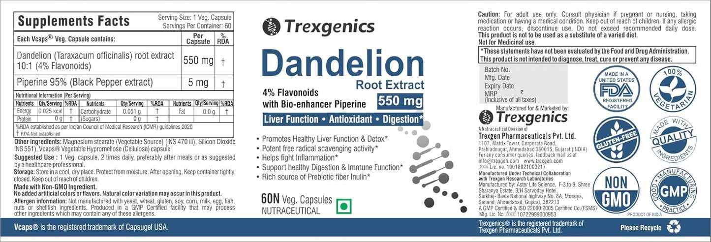 Trexgenics DANDELION (Bioactive 4% Flavonoids) 550mg EXTRACT Liver Function, Dextox, Antioxidant, Digestion (60 Veg Capsules)