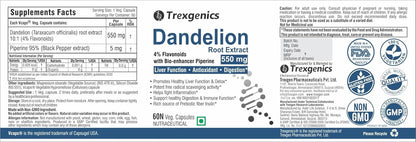 Trexgenics DANDELION (Bioactive 4% Flavonoids) 550mg EXTRACT Liver Function, Dextox, Antioxidant, Digestion (60 Veg Capsules)