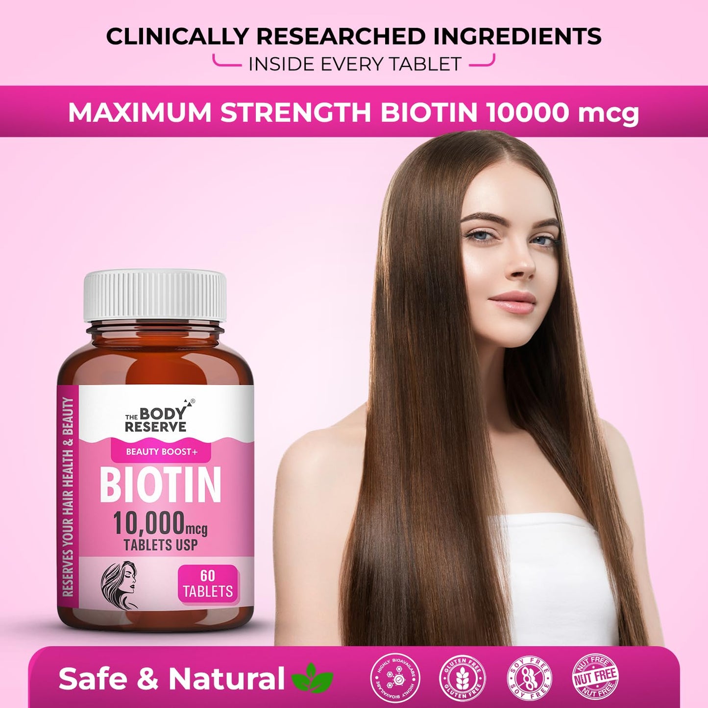The Body Reserve Biotin 10000 mcg Tablet -60 Veg Tablets, Biotin Tablets For Hair, Skin & Nails, Hair Vitamins Biotin Supplement For Men & Women 2 Monthâ€™s Supply Pack