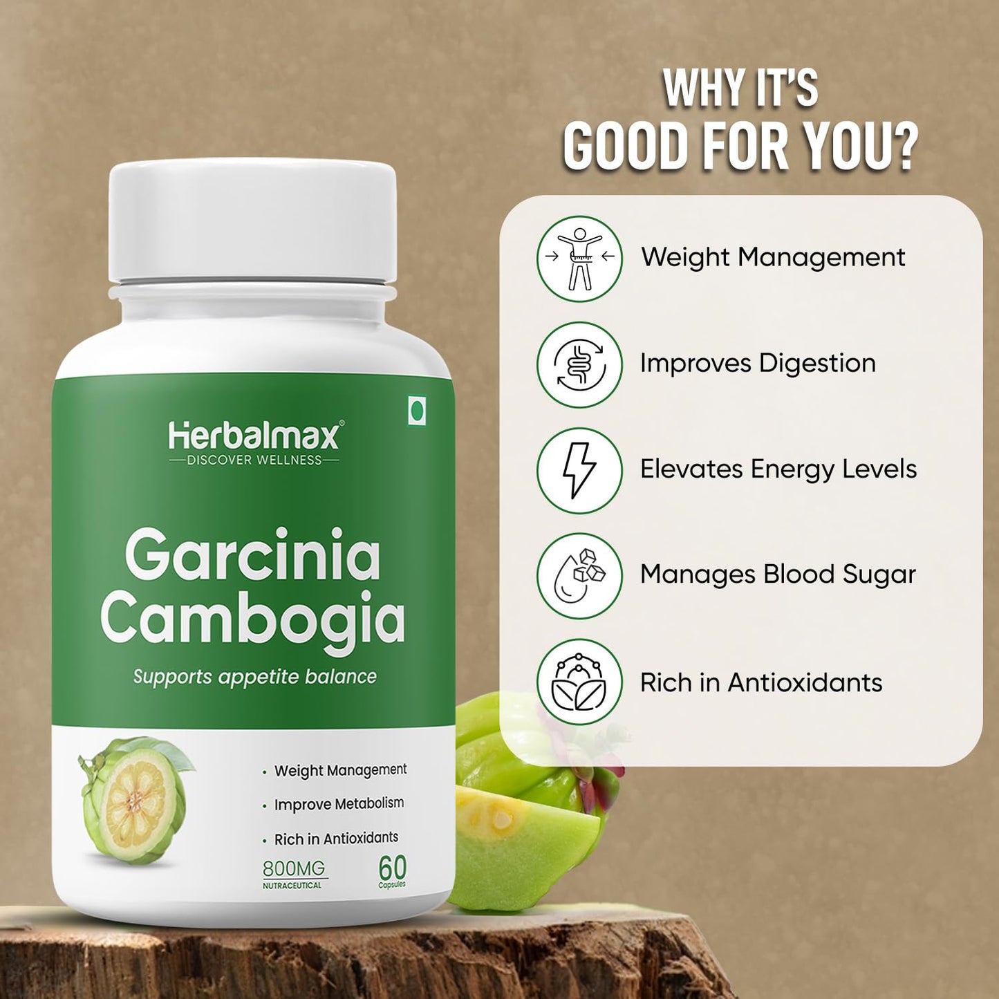 Herbal Max Garcinia Cambogia Capsules â€“ 60 Veg Capsules | 60% HCA & Green Tea Extract | Supports Weight Management, Fat Burning, Digestion & Metabolism