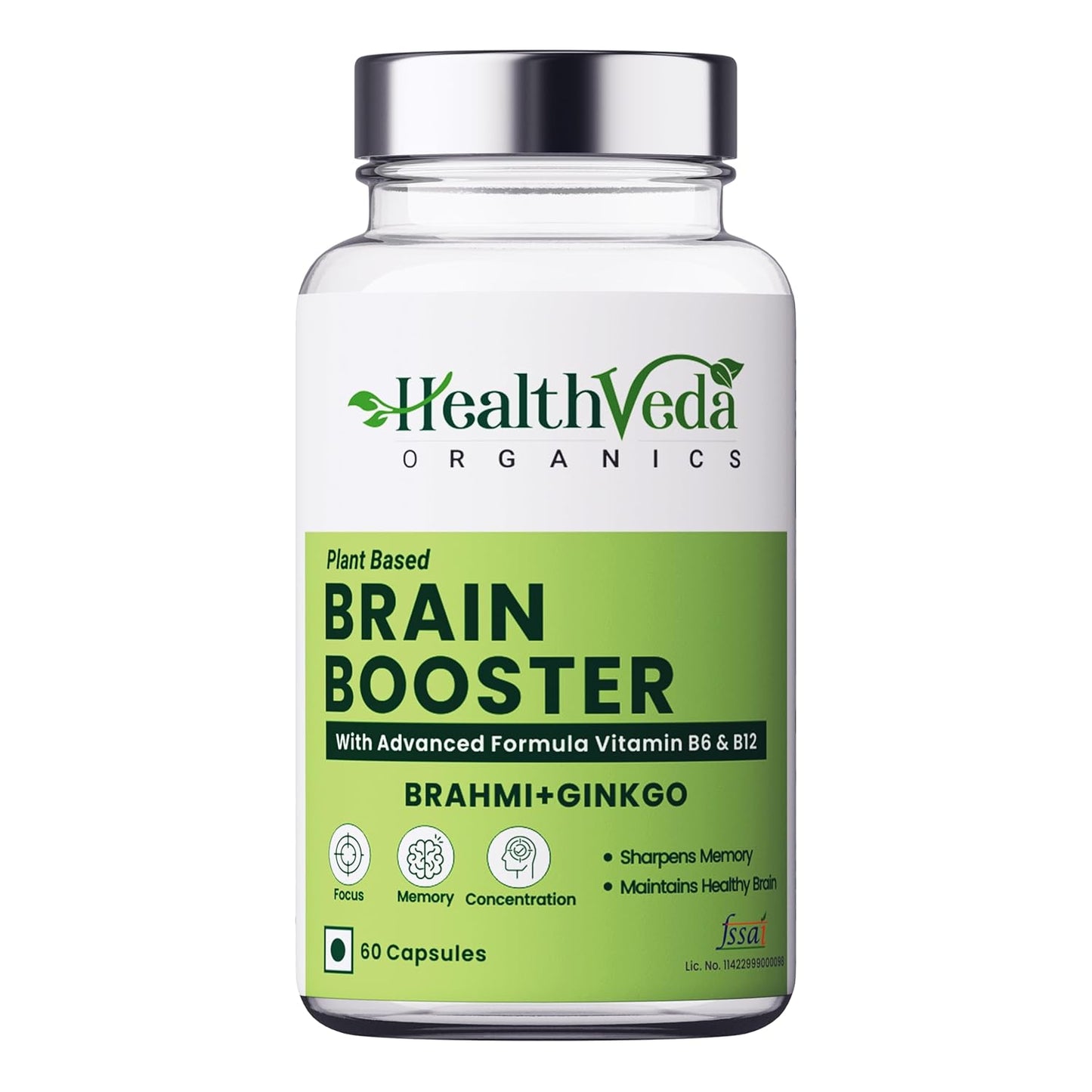 HEALTH VEDA ORGANICS PRIVATE LIMITED Plant Based Brain Booster With Ginkgo Biloba & Brahmi I 60 Veg Capsules I Boosts Concentration & Learning Activities