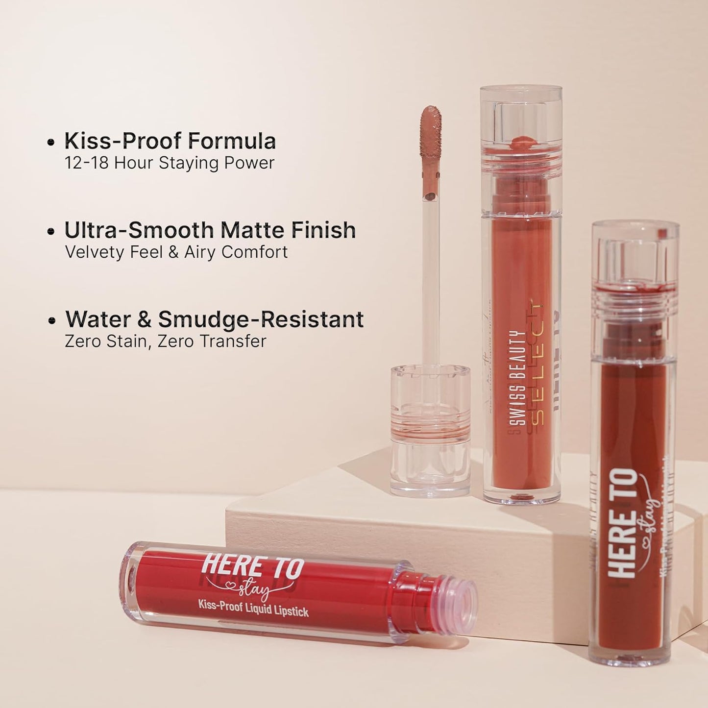 Swiss Beauty Select Here To Stay Liquid Matte Lipstick with Kiss-Proof Formula | Infused with Vitamin E | Non-Transfer, Smudgeproof | 12-18 Hrs Stay | Shade - Delicate Cocoa, 3ml |