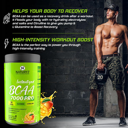 NATURYZ Instantized BCAA 7000 PRO |7G Vegan BCAAs | Glutamine | Citrulline | Electrolytes | 0 Added Sugar | Powerful Pre/Post & Intra Workout Amino for Lean Muscle Growth, Strength, Quick Re-Hydration & Instant Energy - 300g(Mango)