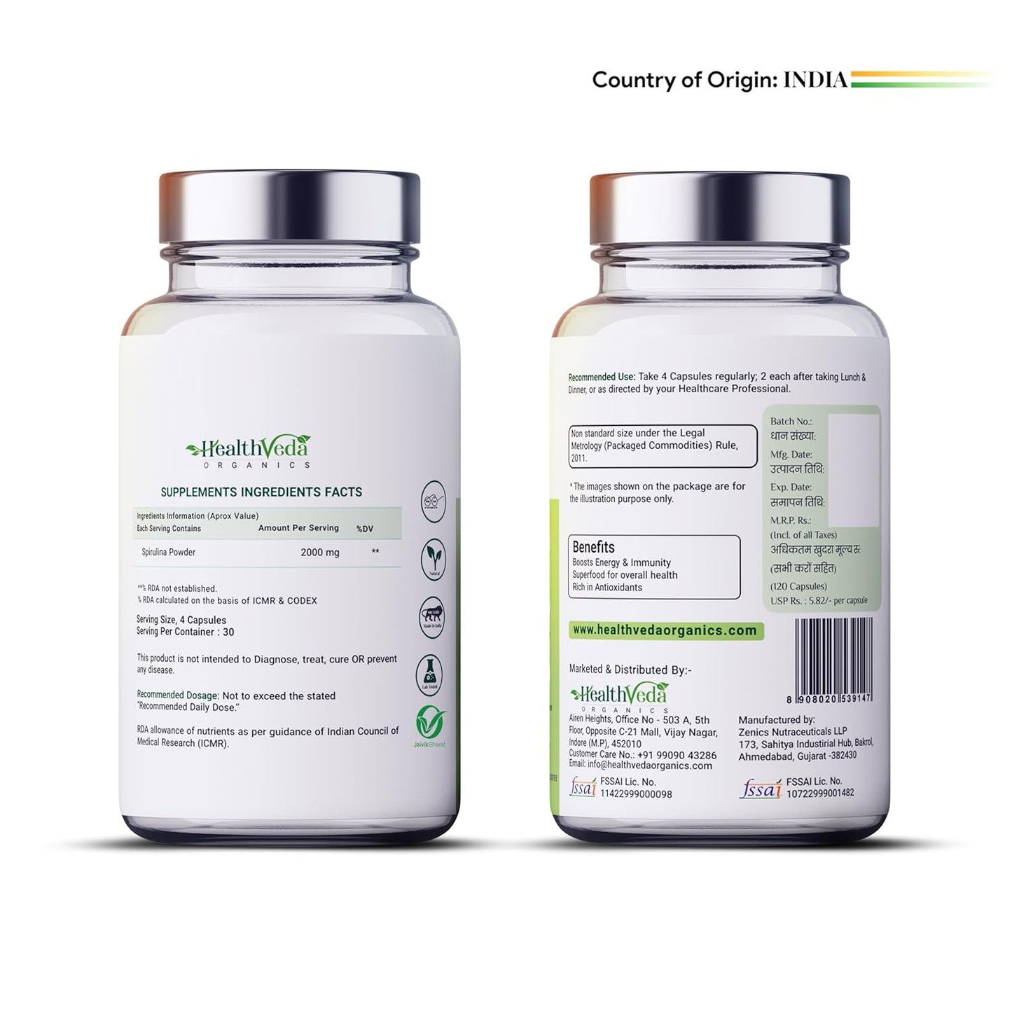 HEALTH VEDA ORGANICS PRIVATE LIMITED Plant Based Spirulina, 2000 mg | 120 Veg Capsules I Supports Weight Management & Boosts Immunity | For both Men & Women