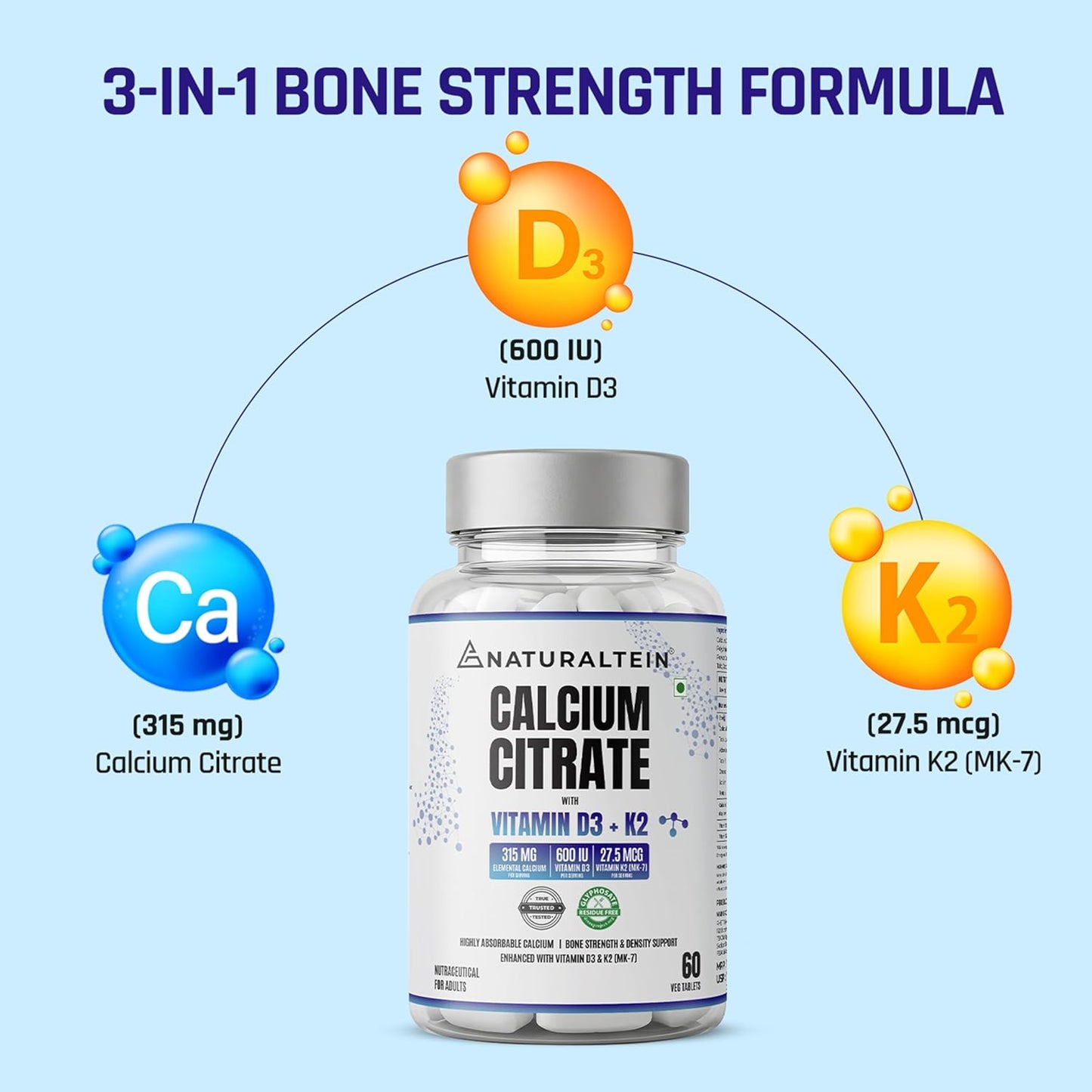 NATURALTEIN Calcium Citrate with Vitamin D3 & K2 (MK7) 60 Tablets | High-Absorption Calcium Supplement for Bone Health | No Additives | Vegan & Gluten-Free