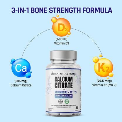 NATURALTEIN Calcium Citrate with Vitamin D3 & K2 (MK7) 60 Tablets | High-Absorption Calcium Supplement for Bone Health | No Additives | Vegan & Gluten-Free