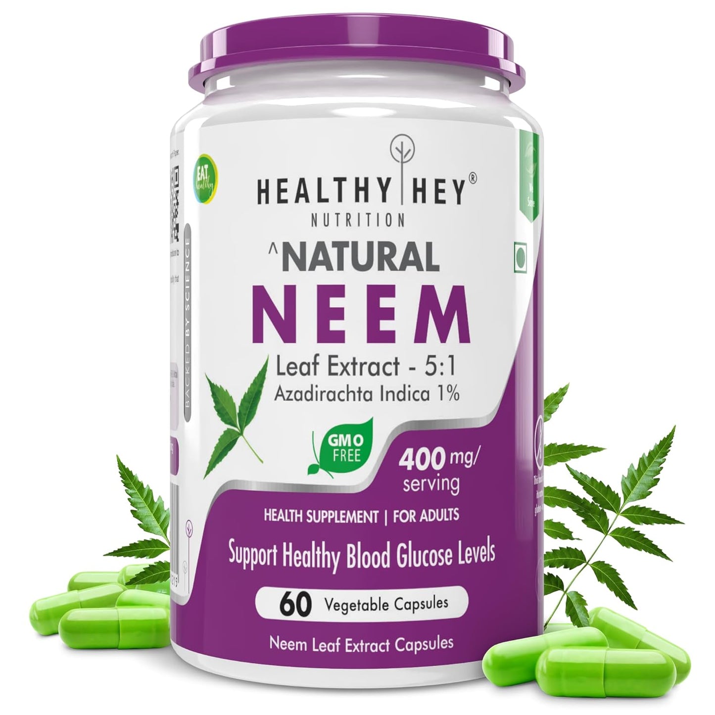 HealthyHey Nutrition Neem Leaf Extract (Indica), 60 Veg. Capsules - Natures Miracle Detoxifying Agent. Promotes Healthy Respiratory, Digestive and Immune System - No GMO. Gluten Free.