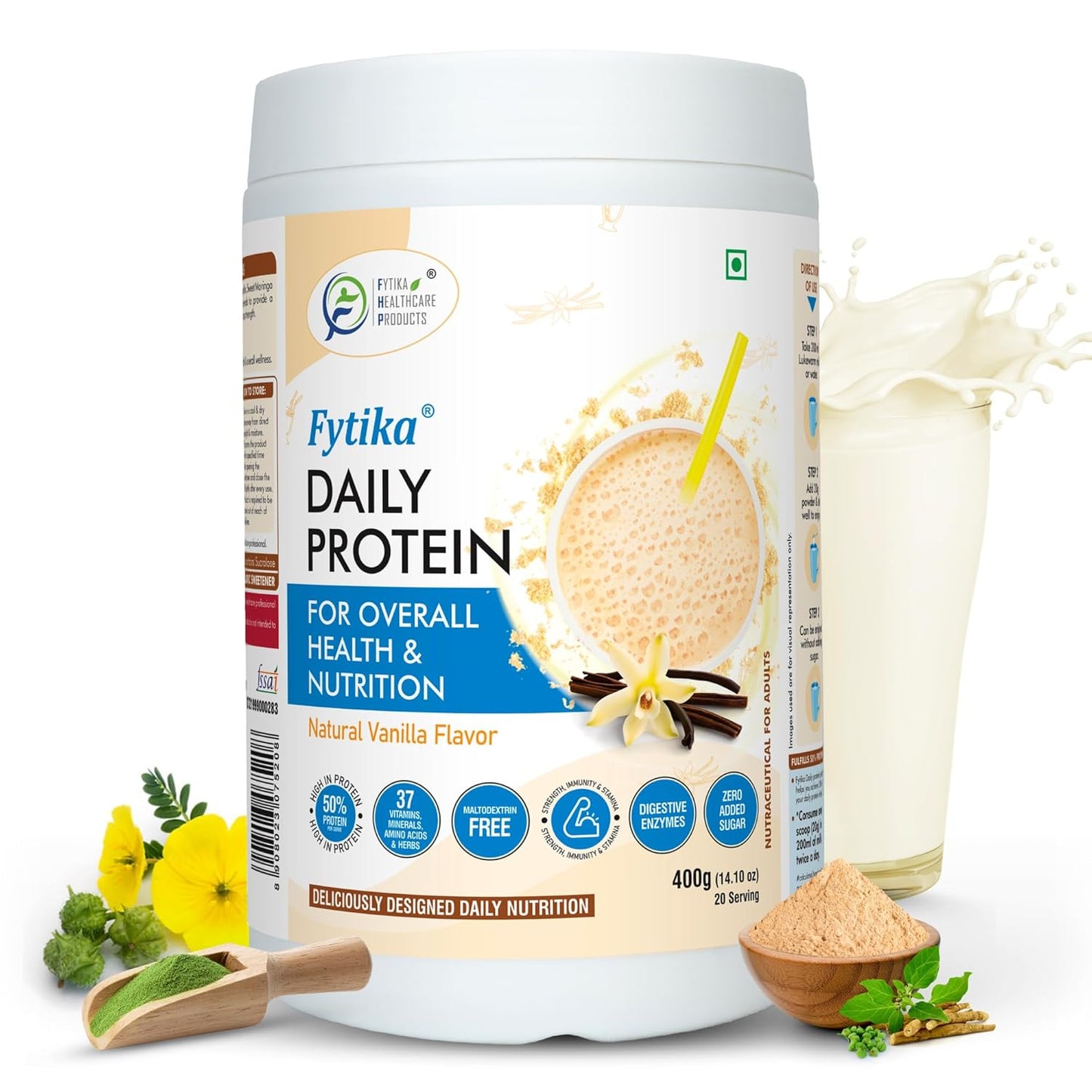 Fytika Daily Protein-400g (Pack of 1, Vanila) | Complete Nutrition Drink for Adults with 37 Essential Vitamins & Minerals | 50% Protein Per Serve | High Protein Drink for Men & Women