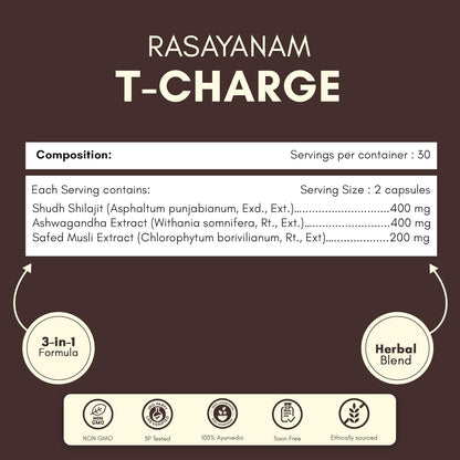 Rasayanam T-Charge Capsules (500mg) | 3-in-1 T - Levels Supplement for Men with Shilajit, Ashwagandha & Safed Musli | Supports Muscle Growth, Energy, Strength, Stamina & Performance - 60 Capsules