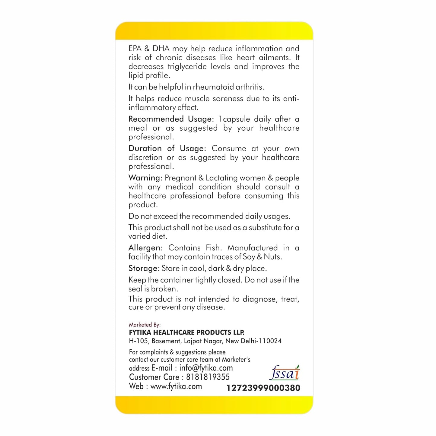 FYTIKA Omega 3 Fish Oil 1000mg 60 Capsules for Heart, Eye, Skin, Brain, Joint & Muscle Support | Omega 3 1000mg Fatty Acid Capsule enriched with EPA 360mg+DHA 240mg & Omega Fatty Acids 400mg