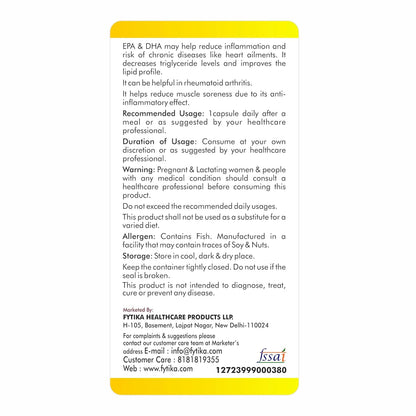 FYTIKA Omega 3 Fish Oil 1000mg 60 Capsules for Heart, Eye, Skin, Brain, Joint & Muscle Support | Omega 3 1000mg Fatty Acid Capsule enriched with EPA 360mg+DHA 240mg & Omega Fatty Acids 400mg
