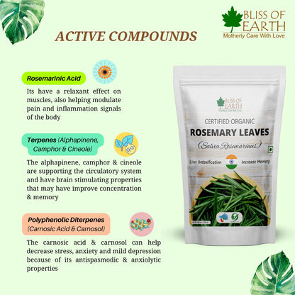Bliss of Earth Dried Rosemary Leaves Certified Organic Rosmarinus Officinalis Great for Tea, Cooking, Hair & Memory 50GM