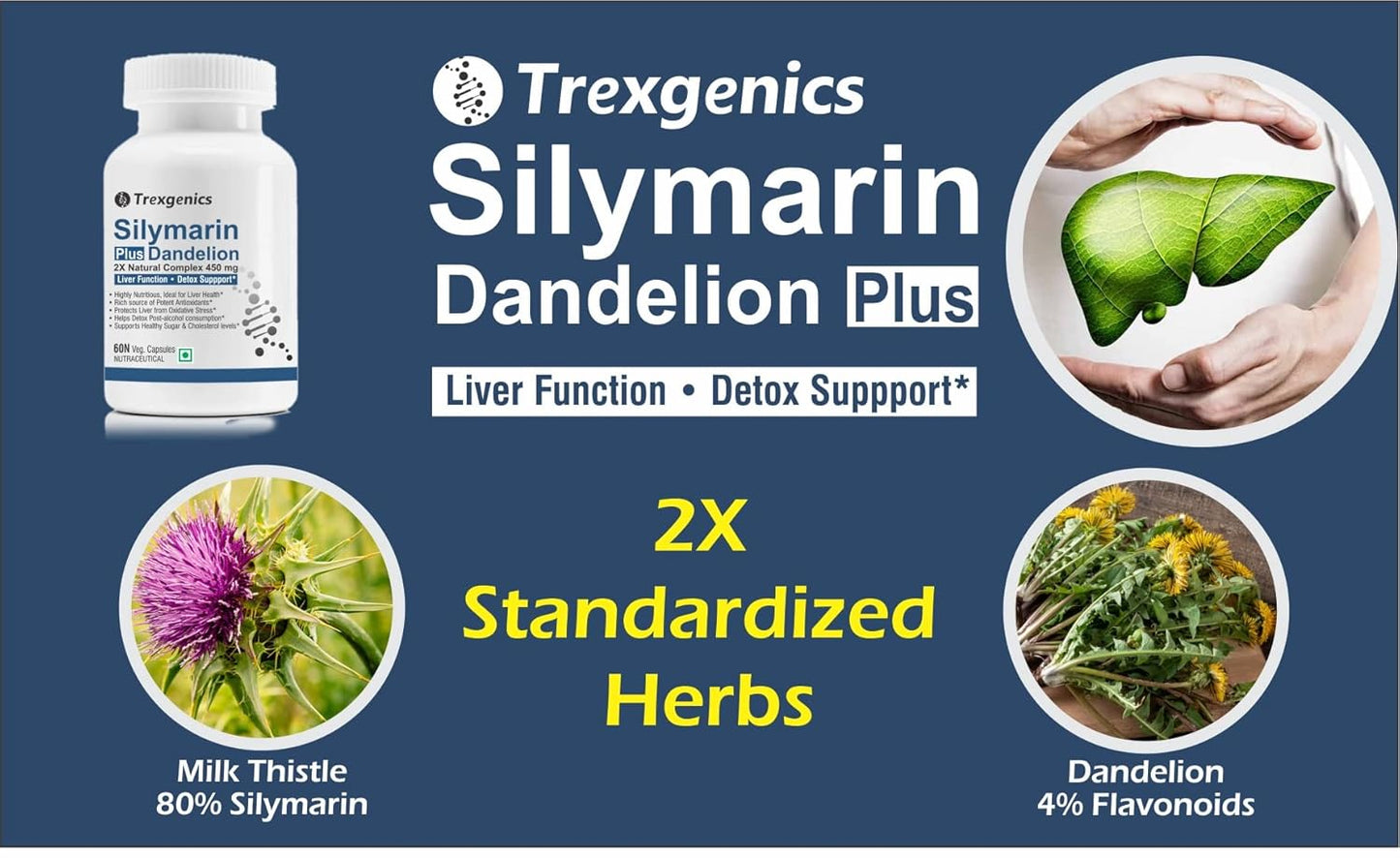 Trexgenics SILYMARIN PLUS 2X Liver Care & Detox with Milk thistle 80% Silymarin 300 mg & Dandelion 4% Flavonoids VEGAN & NON-GMO (60 Veg. Capsules) (Pack of 1)