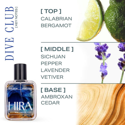 HIRA Dive Club Perfume for Men 50ml | 12 Hours Long Lasting Eau De Parfum Premium Luxury Smell | Best Men Perfume with Woody, Musky & Spicy Scent | Bold Night-Out & Date Night Fragrance | Gifts for Men, boyfriend