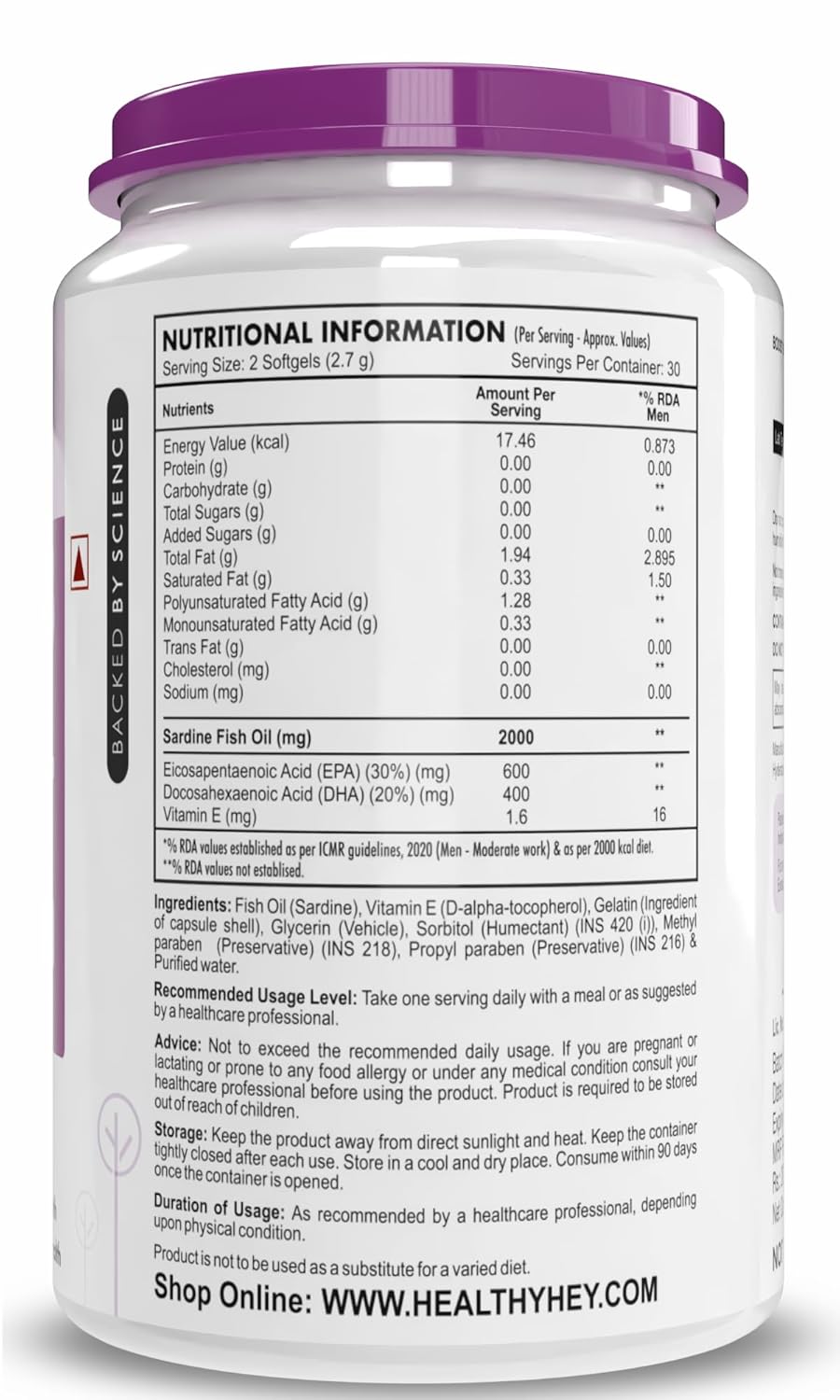 HealthyHey Nutrition Omega 3 Fish Oil for Men - 2000 Mg/serving - 60 Softgel Capsules (600 EPA & 400 DHA)