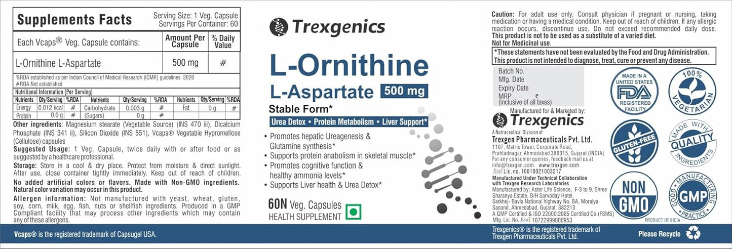 TrexgenicsÂ® L-ORNITHINE Stable form as L-Aspartate 500mg Urea Detox, Protein Metabolism, Liver Support (60 Vcaps) (1)