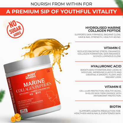 The Body Reserve Marine Collagen Peptides (Orange, 200g) | With Vitamin C, Vitamin E, Sodium Hyaluronate & Biotin | Supplement for Healthy Skin, Hair & Nails | Hydrolyzed Fish Powder for Women & Men