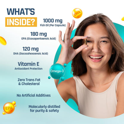 NATURALTEIN Omega 3 Fish Oil â€“ 1000mg per Softgel | 60 Capsules | 180mg EPA & 120mg DHA | With Vitamin E | Premium Triglyceride Form | Supports Heart, Brain & Joint Health | Single Strength Formula