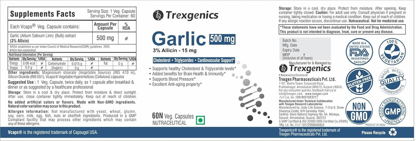 Trexgenics GARLIC (Bioactive 3% Allicin) 500mg Cholesterol, Triglycerides, Cardiovascular, Immunity Support* (60 Vcaps) (1)
