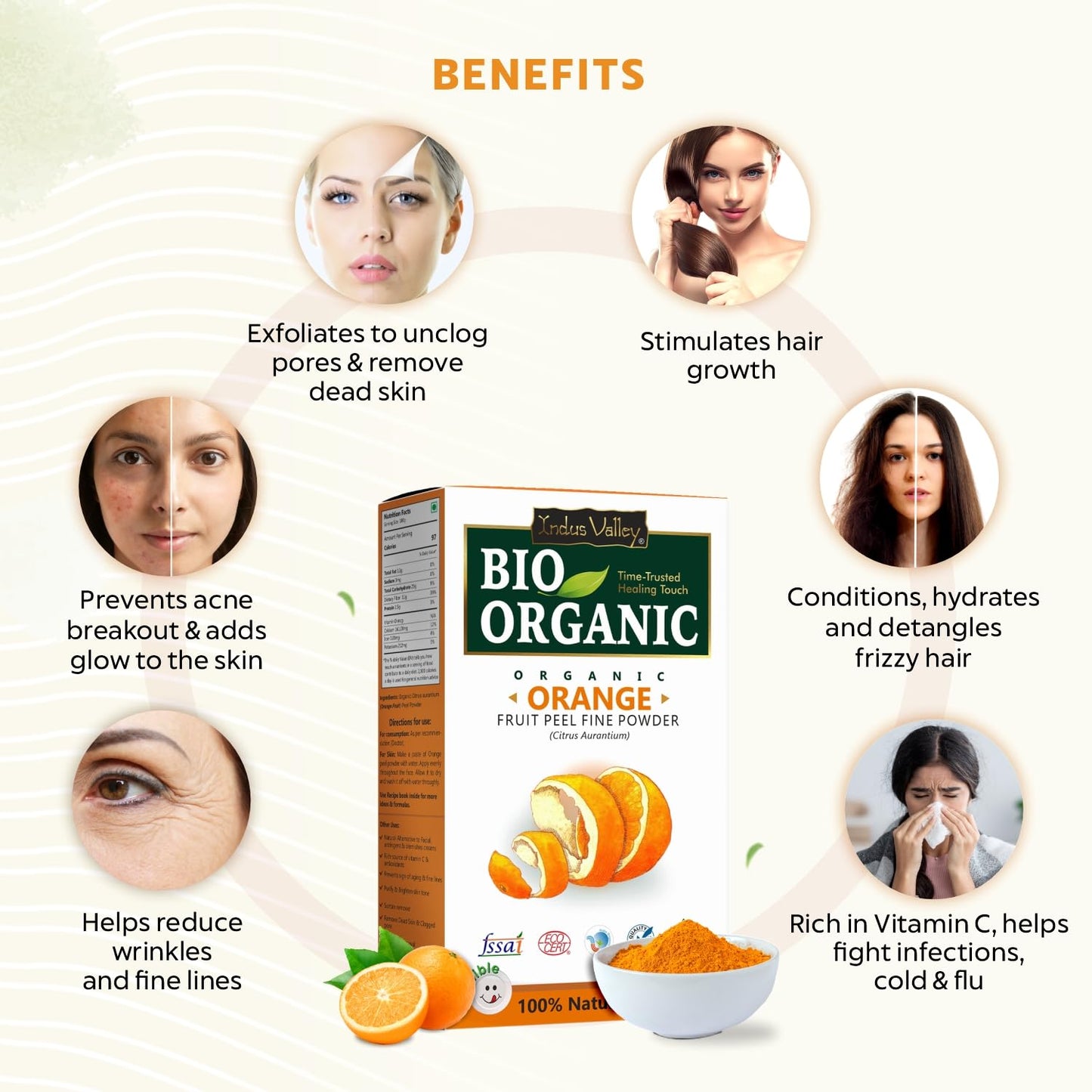 Indus Valley Bio Organic Orange Peel Fine Powder, Pure Natural & Organic for Skin Lightening Face Pack, Vitamin C and Antioxidants Add Glow - 100g