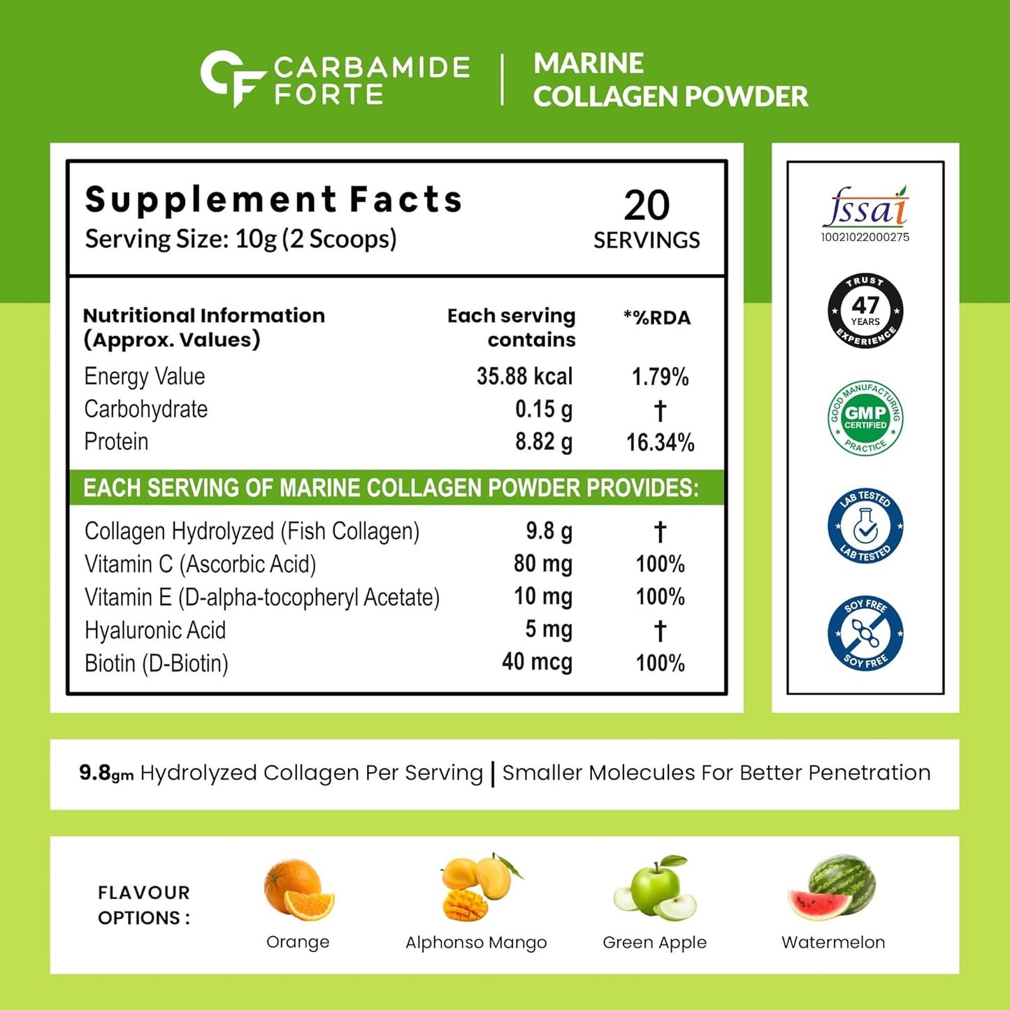 Carbamide Forte Marine Collagen Powder Supplement - for Skin Fish Collagen Powder for Women & Men - 200 Grams Powder - Green Apple Flavour
