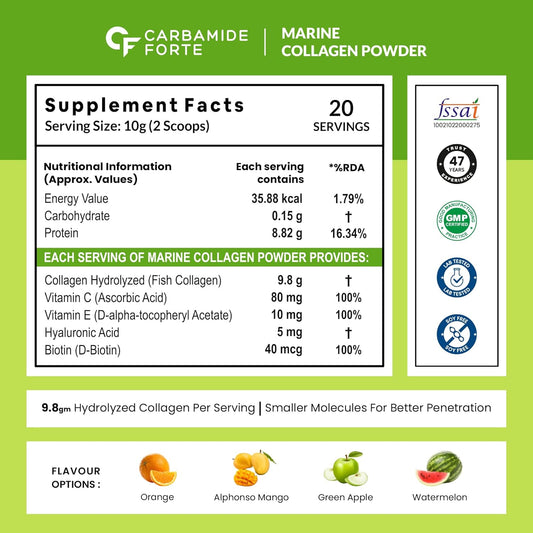 Carbamide Forte Marine Collagen Powder Supplement - for Skin Fish Collagen Powder for Women & Men - 200 Grams Powder - Green Apple Flavour