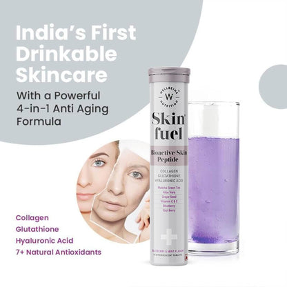 Wellbeing Nutrition Skin Fuel | Glutathione & Collagen Tablets | Skin Glow and Radiance for Men & Women | Hyaluronic Acid, Grape Seed, Vitamin E (15 Effervescent Tablets)