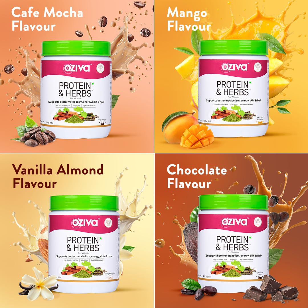 OZiva Protein & Herbs for Women (Vanilla Almond) I Manage Weight, Energy & Metabolism | Clean Protein, Shatavari, Green Tea I No Added Sugar, 1lbs (453gm)
