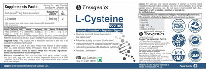 TrexgenicsÂ® L-CYSTEINE 600mg Amino acid for Structural Support, Antioxidant, Respiratory, Skin, Hair & Nails (60 Vcaps) (1)
