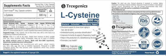 TrexgenicsÂ® L-CYSTEINE 600mg Amino acid for Structural Support, Antioxidant, Respiratory, Skin, Hair & Nails (60 Vcaps) (1)