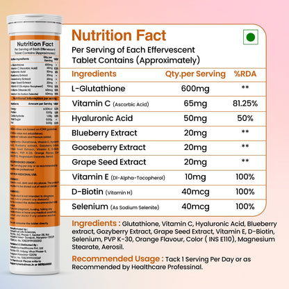Herbal Max Glutathione Effervescent Tablets â€“ 15N Packed with Vitamin C, Hyaluronic Acid & Biotin to Support Healthy Hair, Skin & Nails for a Natural Glow & Boost Hydration (Pack of 1, Orange)