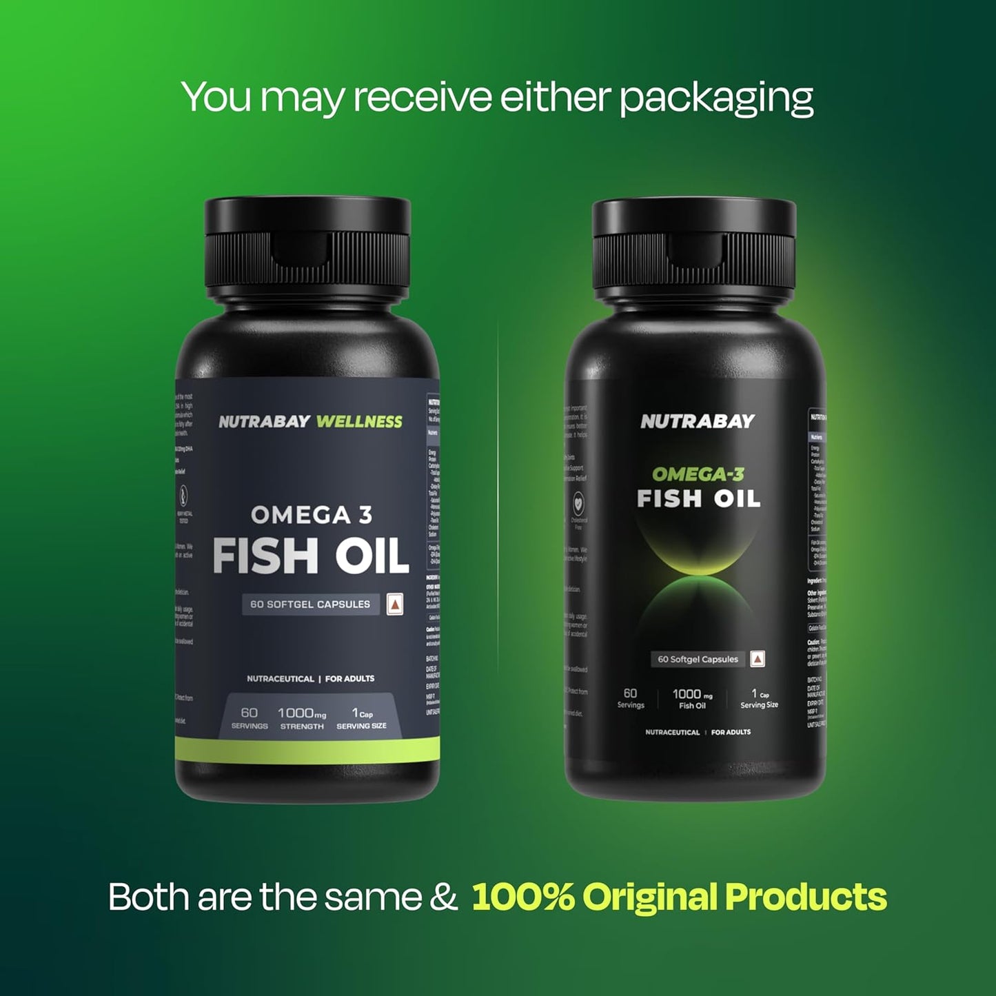 Nutrabay Wellness Omega 3 Fish Oil 1000mg per Capsule, 180mg EPA, 120mg DHA â€“ Vision, Memory, Heart, Skin & Hair Support, No Fishy Aftertaste â€“ 60 Softgel Capsules | Tested for Purity | 100% Authentic