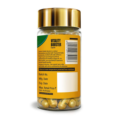 Zandu Vitality Booster Capsule, With Goodness of Ashwagandha, Safed Musli, Gokshur, Shuddha Shjilajit, Helps to Boost Energy and Strength - Pack of 60 Veg Capsules