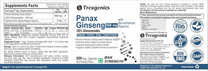 TrexgenicsÂ® PANAX (Red/Korean) GINSENG 20% Ginesenosides 500mg Premium with Bio-enhancer Piperine 5mg Adaptogen, Immunity, Energy, Cognitive Function(60 Veg capsules)