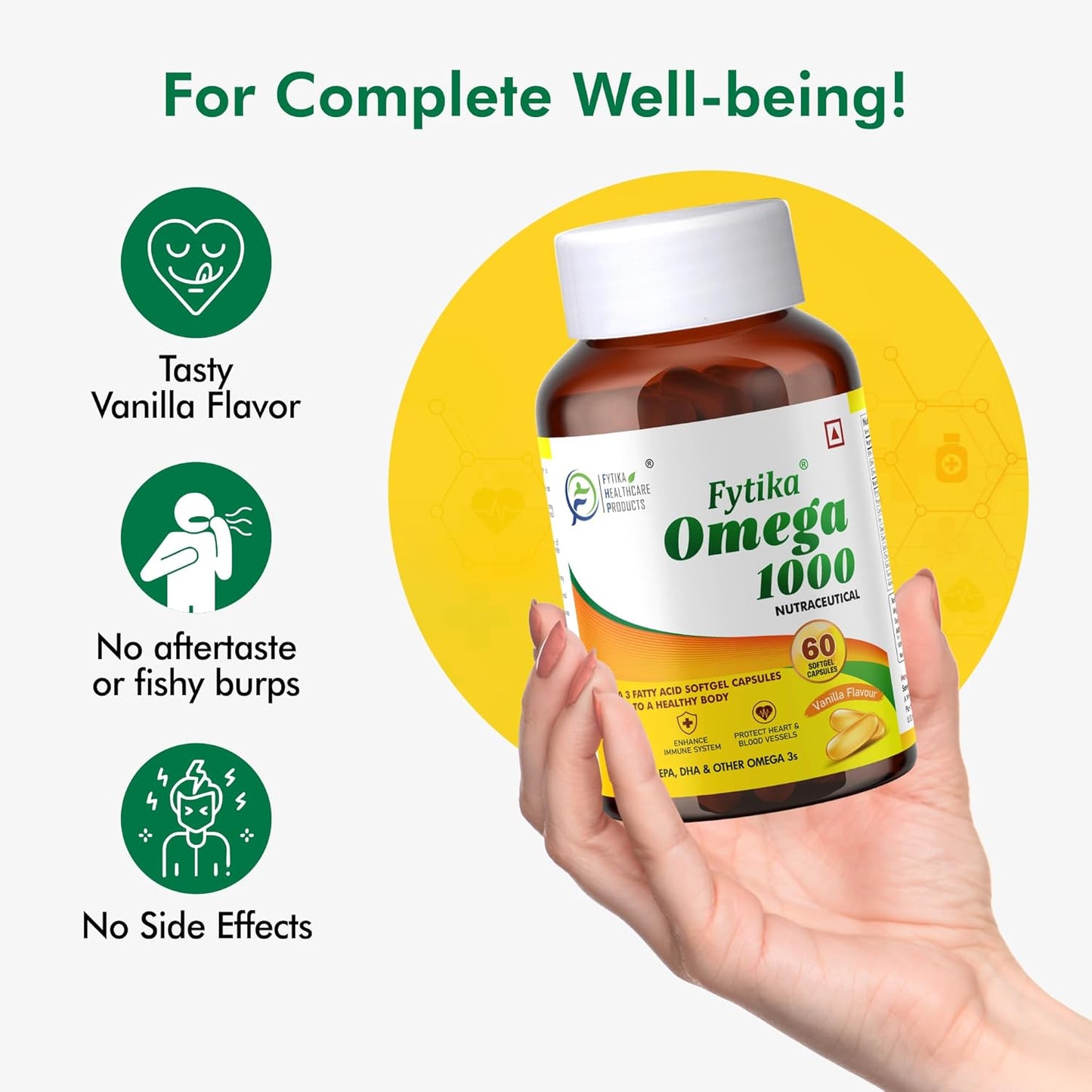 FYTIKA Omega 3 Fish Oil 1000mg 60 Capsules for Heart, Eye, Skin, Brain, Joint & Muscle Support | Omega 3 1000mg Fatty Acid Capsule enriched with EPA 360mg+DHA 240mg & Omega Fatty Acids 400mg